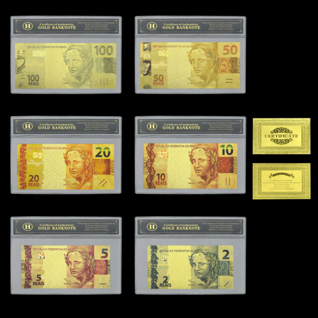 Brazil / Brazilien Banknoten Aus Goldfolie Set 2 5 10 20 50 100 REAL Mit Ferrule Brazil / Brazilien Banknoten Aus Goldfolie Set 2 5 10 20 50 100 REAL Mit Ferrule