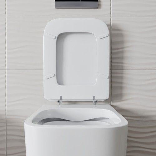 Sedile WC copri water legno MDF tavoletta universale design quadrato bianco - Foto 8 di 11