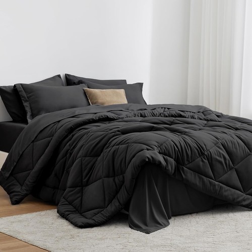 Juego de edredón King negro 7 piezas ropa de cama para todas las estaciones con sábanas y farsa - Imagen 3 de 11