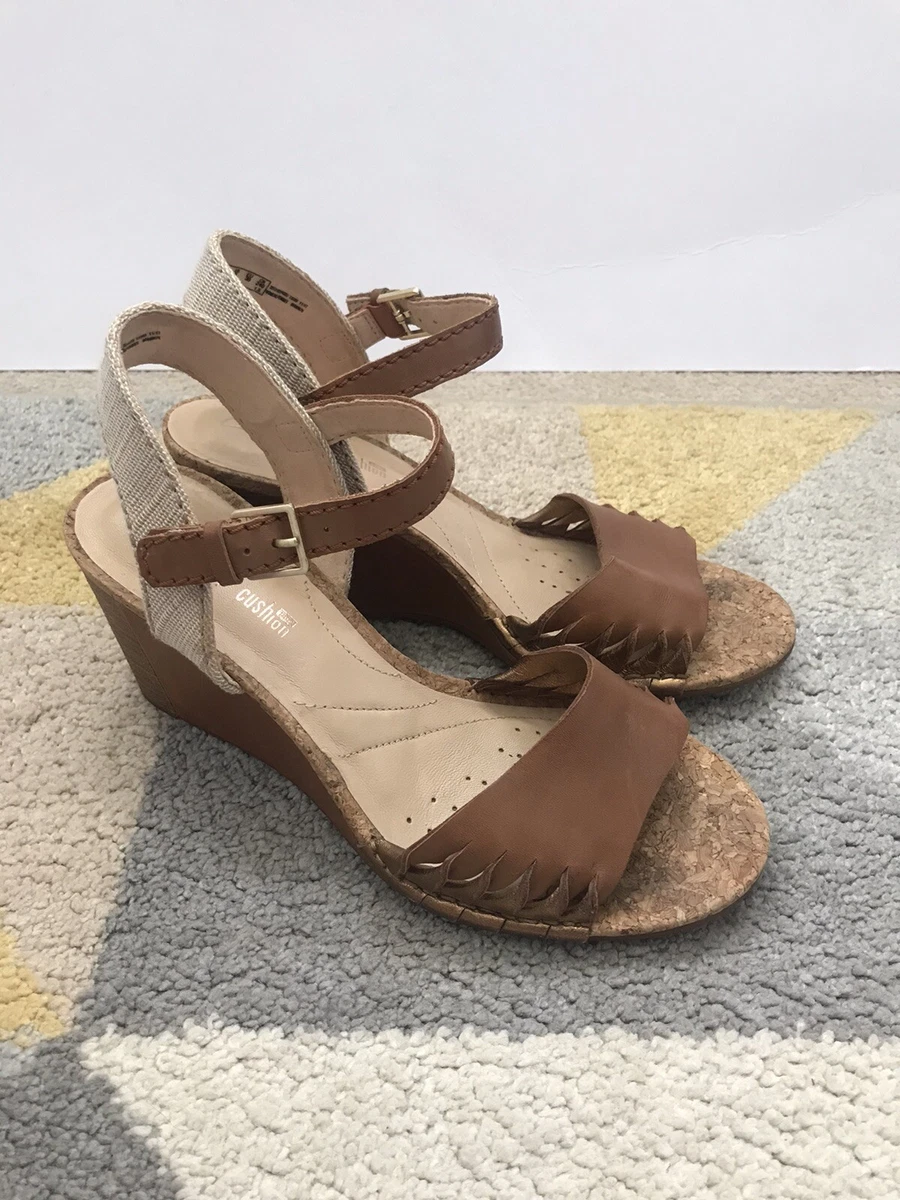 Clarks Spiced Poppy Tan Brown Leather Summer Wedge Heels Sandals Size UK 5.5D