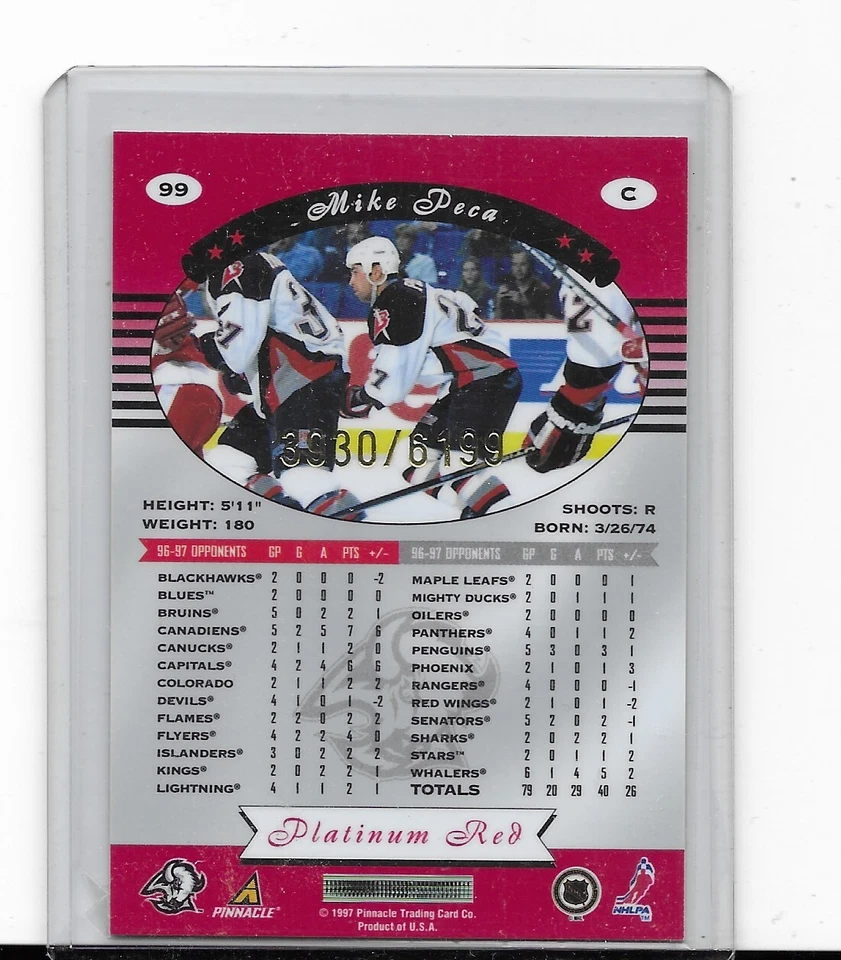 1997-98 Pinnacle Totally Certified PLATINUM RED #99 Mike Peca #3930/6199 SABRES - Image 2 of 2