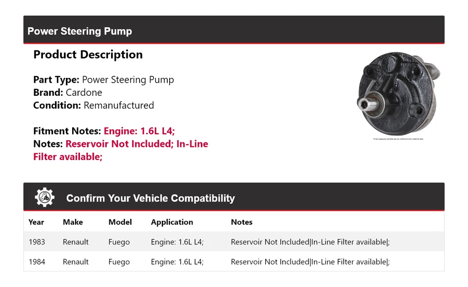 Bomba de dirección asistida Cardone para Renault Fuego 1983-1984 1,6 L L4 Foto 2 de 4