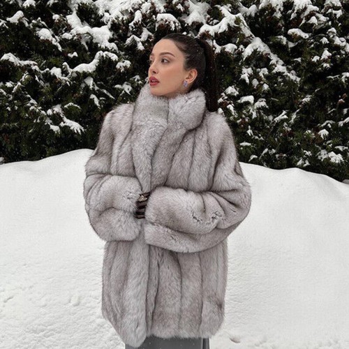 Women Fashion Full Pelt White Real Fox Fur Coat Genuine Fur Jacket Stand Collar - Picture 2 of 5