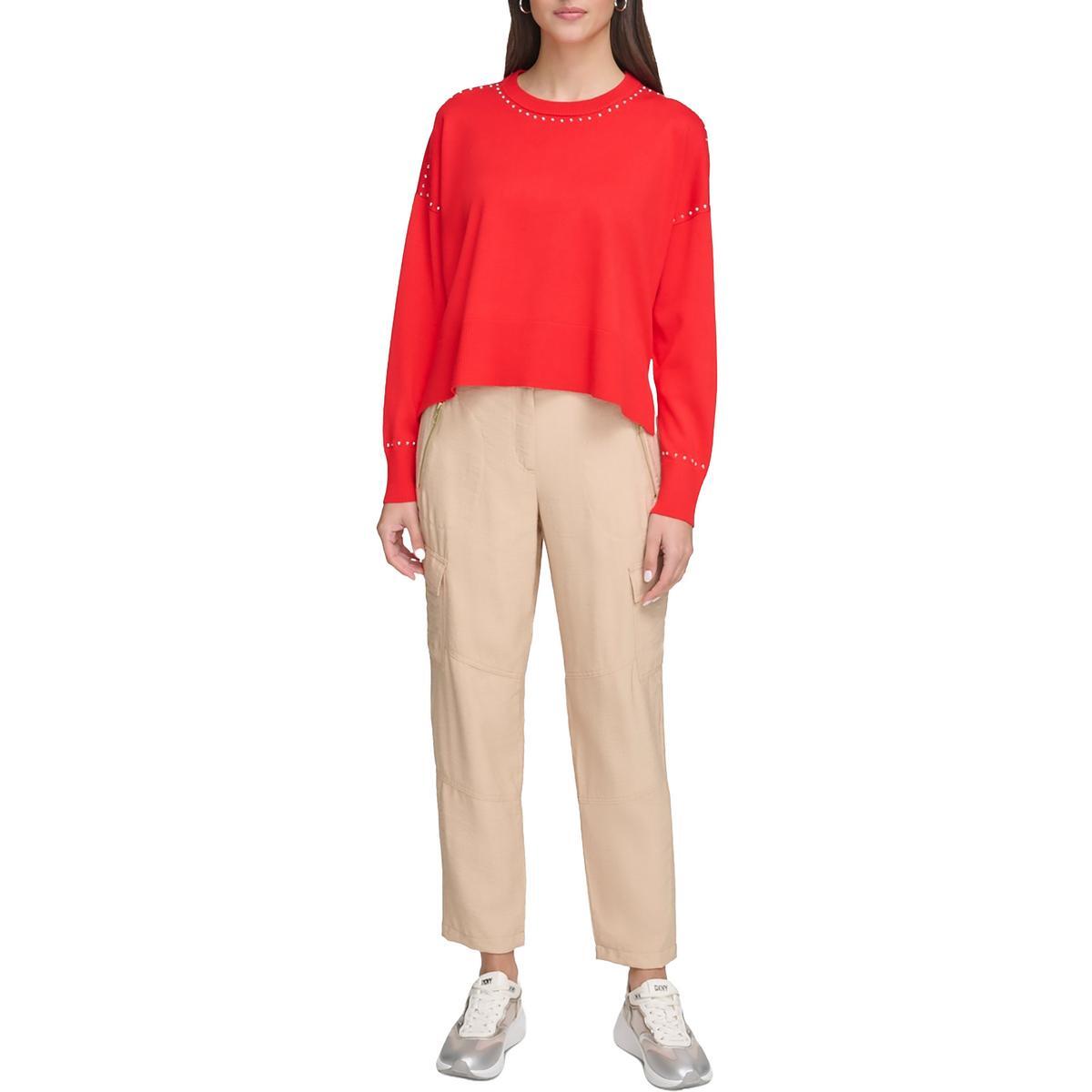 Женский красный топ с круглым вырезом и заклепками, пуловер-свитер, рубашка DKNY, L BHFO 5153