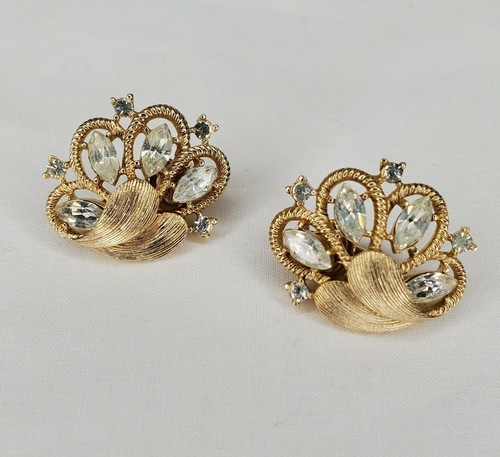 Vintage Krone Trifari Ohrringe gebürstet goldfarben Navette Strass signiert - Bild 10 von 12
