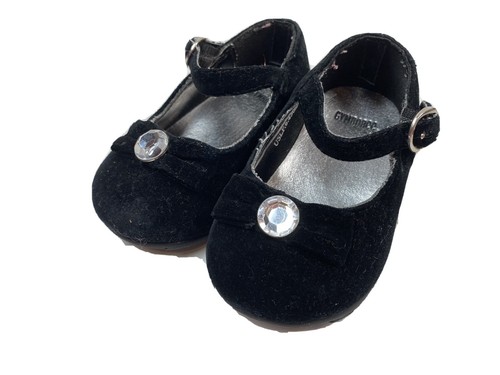 Gymboree Girls Sz 04 Baby Shoes Black Velvet Jewel Dressy Church Buckle Flats - Picture 1 of 8