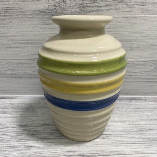Decorative Vase Green Yellow Blue Ring Pottery Style Vase 10” - Picture 3 of 8