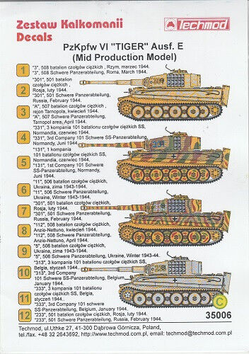 DECALCOMANIES TECHMOD 35006 PZKPFW VI TIGER AUSF. E MID PRODUCTION MODEL - Imagen 1 de 1