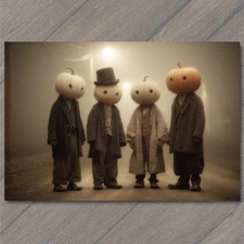 Art Print Pumpkin Boys Dusty Street Fog Lights Halloween Dreamy Fall Vintage