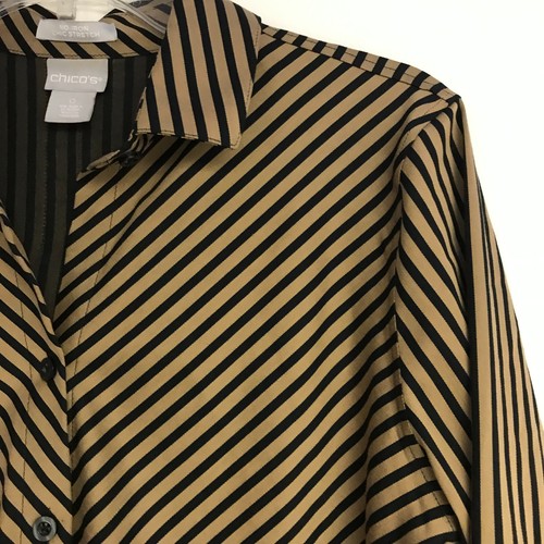 CHICO'S Sz 0 (US 4) No-Iron Striped Button Up Shirt Black Gold Chic Stretch NWOT - Picture 4 of 11