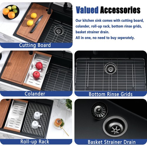 33×22 Drop In Kitchen Sink Quartz - Black Granite Composite Sink, Single Bowl... - Picture 5 of 9