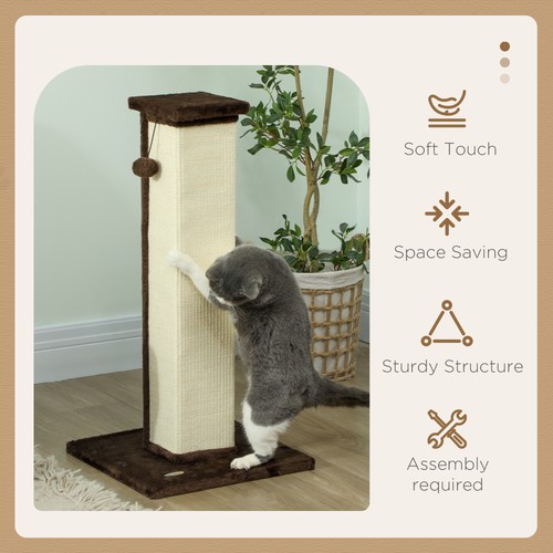 PawHut 81cm Cat Scratching Post w/ Sisal Rope, Hanging Ball Soft Plush Brown - Picture 6 of 11