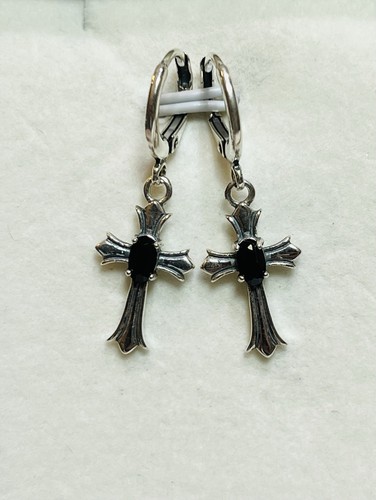 Vintage Style 925 Sterling Silver Natural Black Spinel Cross Hoop Earrings