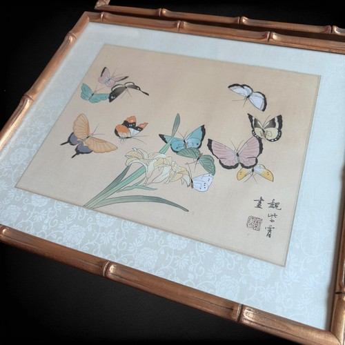 Marcos firmados acuarela flores mariposa pájaro asiático seda de colección - Imagen 4 de 16