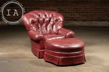 Vintage Tufted Leather Churchill Chair With Ottoman in Burgundy