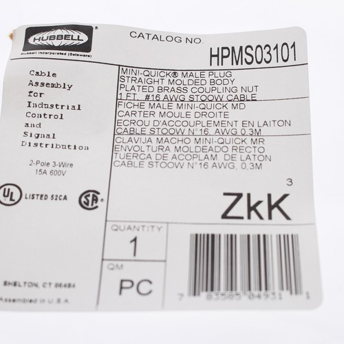 Hubbell 1 Fuß Mini-Schnellverbindungskabel Zopfkabel Stecker 16/3 HPMS03101 - Bild 5 von 5