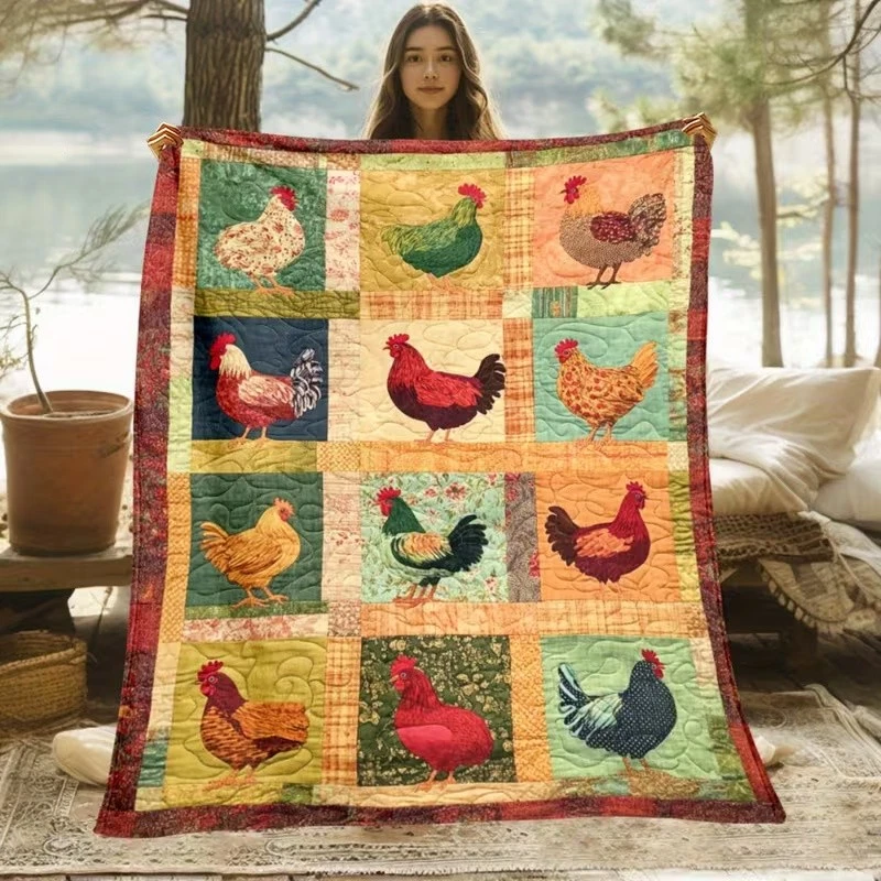 Farmhouse Chicken Print Quilt Lightweight Flannel Blanket