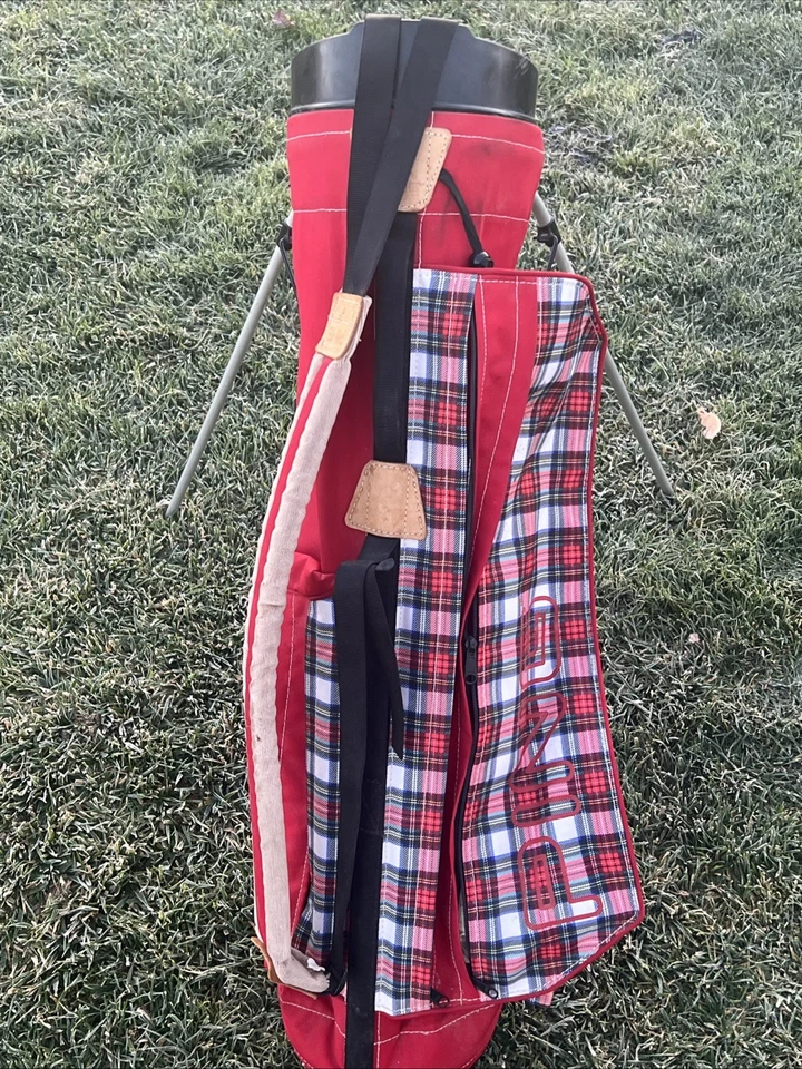 Bolsa de pie de golf vintage roja a cuadros con correa única bolsa de luz divisoria de 4 vías Ping Foto 3 de 4