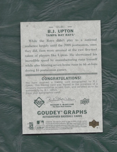 Carta da baseball 2009 Goudey Graphs #GG-BU BJ Upton Tampa Bay Rays autografata - Foto 2 di 2