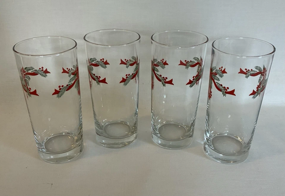 4 vasos de té helado Anchor Hocking de 15 oz con patrón de flor de pascua y cintas como nuevos Foto 3 de 4