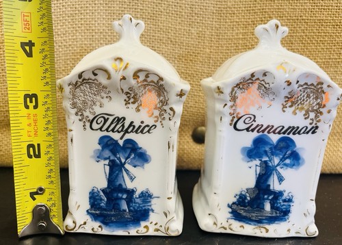 Lot Of 2: Germany 5” Spice Jars Allspice & Cinnamon W lid Blue & White Windmill - Picture 18 of 24