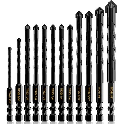 Concrete Drill Bit Set 12PCS 5/32''-1/2'' Carbide Tips for Concrete Glass Brick
