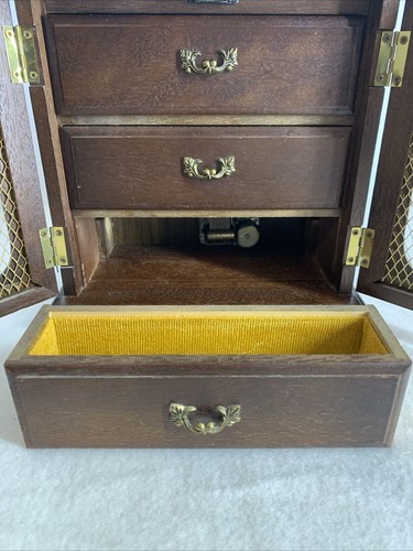 Music Box Jewelry Armoire Chest London Leather Mesh Screen Doors Lined Drawers - Picture 4 of 12