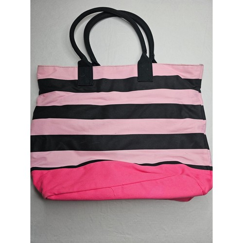 Victorias Secret Womens Large Canvas Tote Overnight Bag Pink Black Striped - Picture 3 of 5