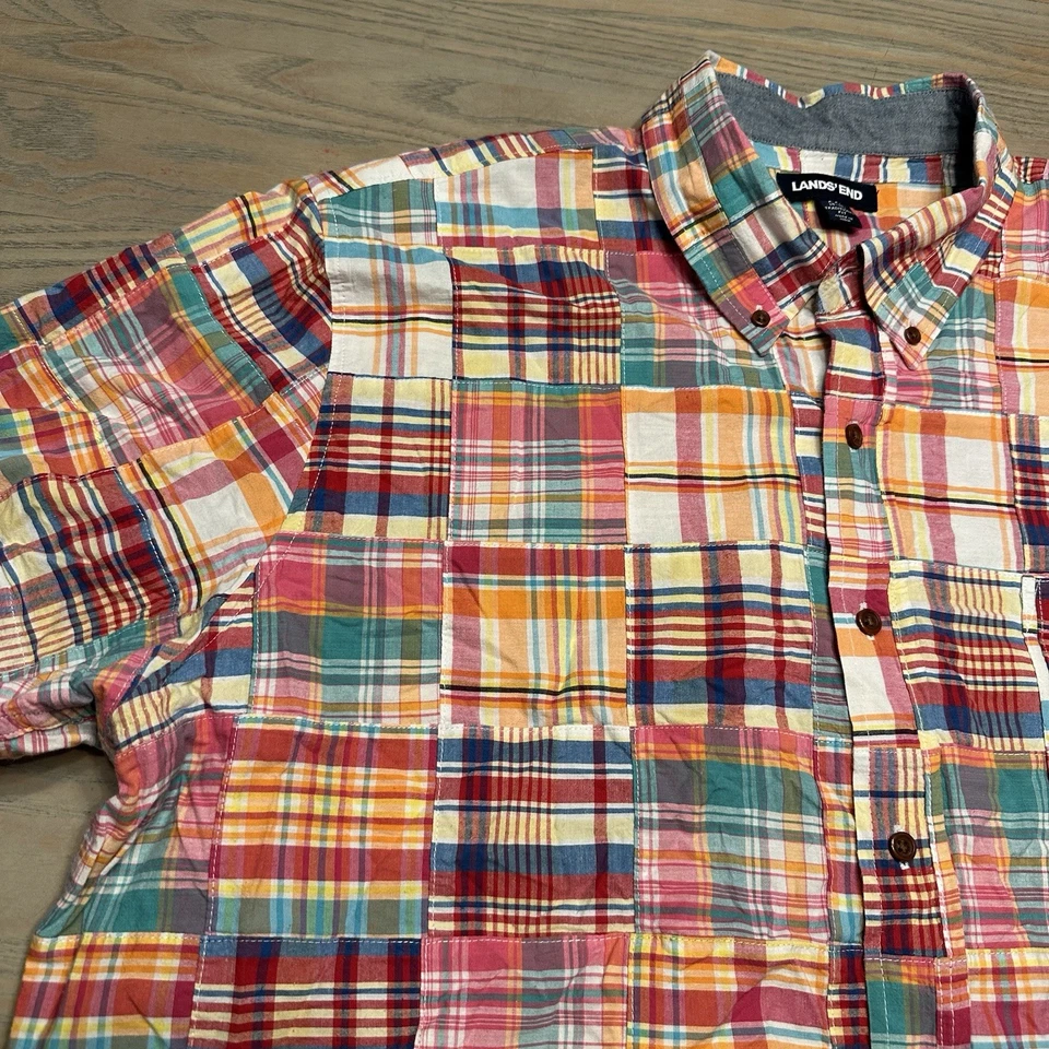 Lands End Madras Patchwork Plaid Button Up Shirt Mens XXL S/S Traditional Fit - Image 4 of 4
