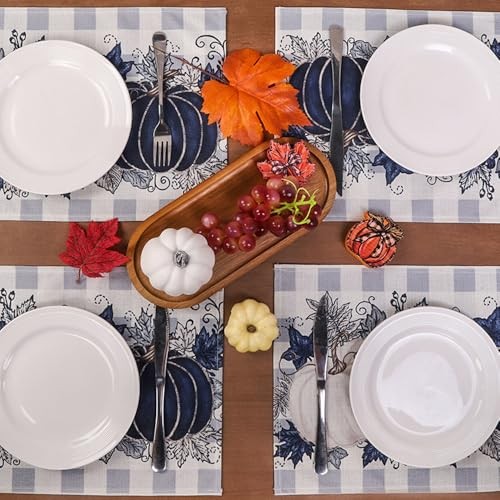 Herbst Thanksgiving Tischsets 4er Set, Büffel kariert blau Vintage Kürbis Ahorn  - Bild 4 von 8