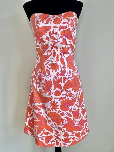Tibi Sz 4 Vintage Dress Retro Pink Floral Stretch Strapless Sweetheart Cut Out
