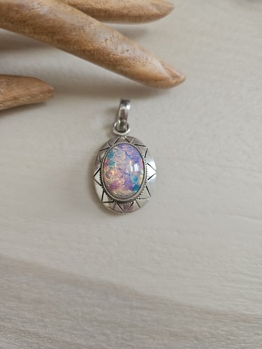 VINTAGE CZECH GLASS HARLEQUIN FIRE OPAL PENDANT SOUTHWEST DESIGN 925