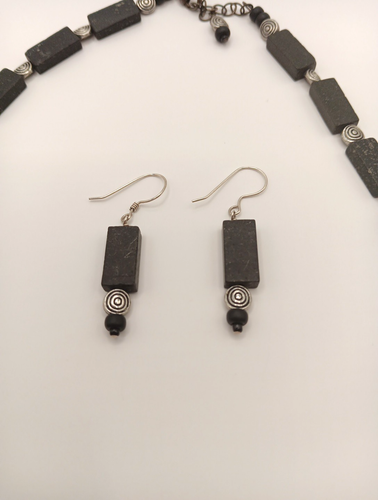 VTG Geniune Black Tourmaline Sterling Silver 925 Bench Bead Necklace & Earrings - Picture 6 of 9