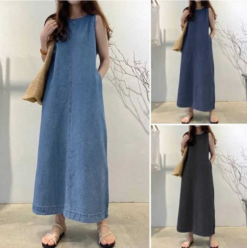 Crew Neck Sleeveless Loose, Long Bohemian Denim Dress with Pockets in Blue - Bild 1 von 13