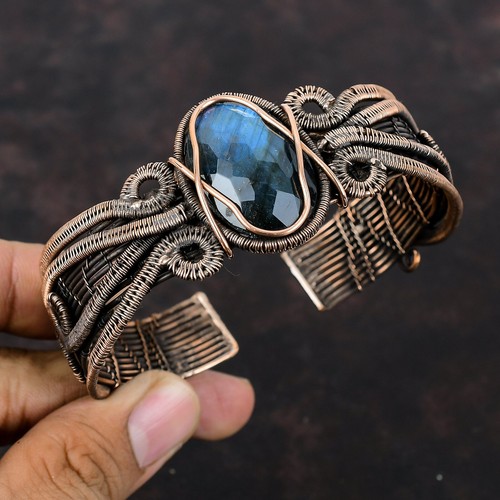 Labradorite Copper Gift For Briedsmaid Wire Wrapped Adjustable Cuff - Picture 1 of 7