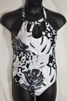 women's sexy halter style straps one piece swimsuit size large black, gray & wht