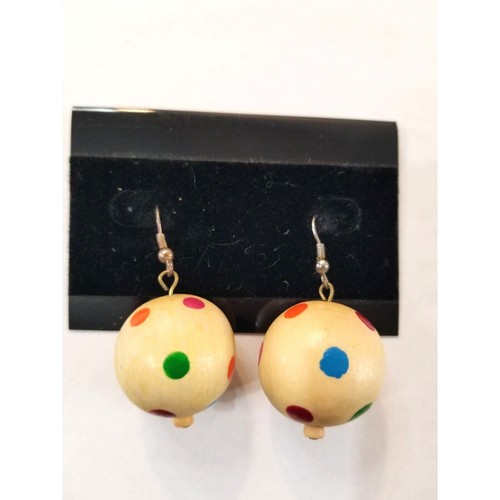 Vintage Earrings Handmade Wooden Dangle Drop Round Ball Bead Rainbow Polka Dots - Afbeelding 1 van 6