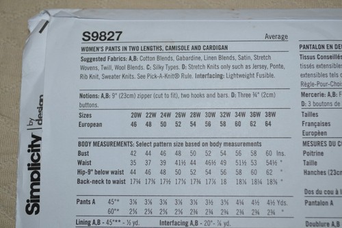 Simplicity S9827 sewing pattern, womens pants camisole cardigan, size 20W-28W - Picture 3 of 3