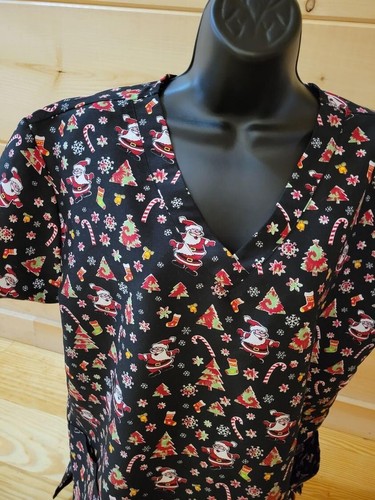 Women's Serene Scrubs Christmas Tree Scrub Top XL Black Uniforms Holiday - Picture 7 of 15