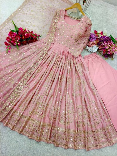 Estilo indio Chinnon seda Salwar Kameez con red Dupatta para uso de recepción - Imagen 4 de 9
