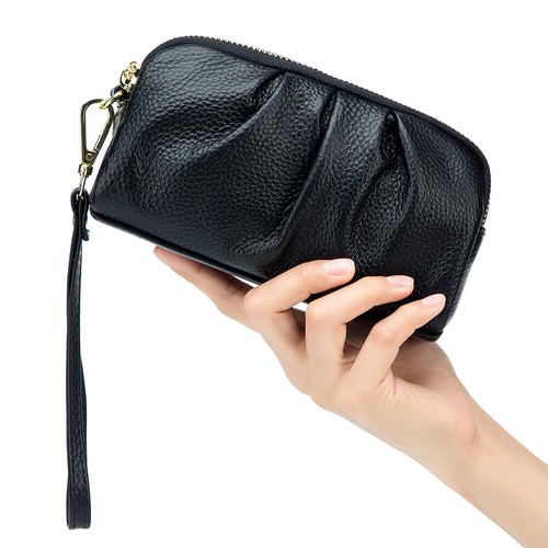 Womens Genuine Leather Double Zipper Clutch Wallet Handbag with Wristlet Gift - Picture 4 of 11