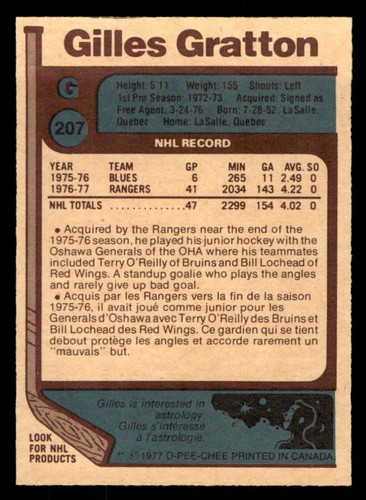 1977 OPC O-Pee-Chee Hockey #207 Gilles Gratton NM/MT *d2 - Picture 2 of 2