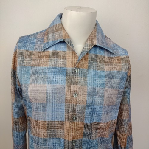 Vintage Joel Cal-Made 70s Disco Hemd Herren M geometrisch kariert Polyester Freizeit - Bild 6 von 16
