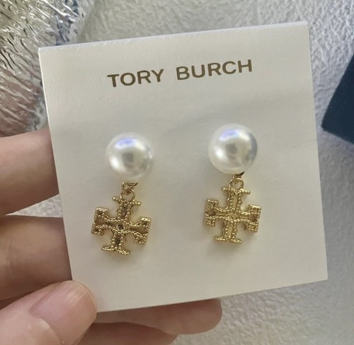 Tory Burch Vintage Style Pearl Double T Drop Lady Earrings Gold Plated Nice Gift - Picture 3 of 7