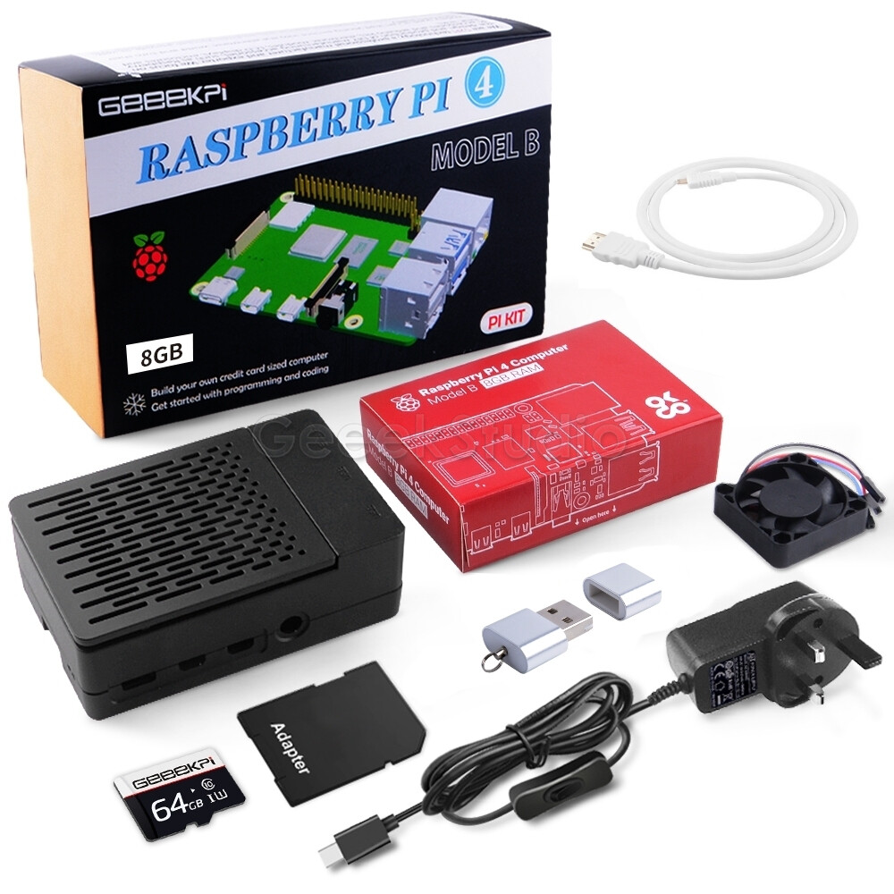 Raspberry Pi 4 Model B 8GB Plastic Case+ 64GB SD Card, Starter Kit