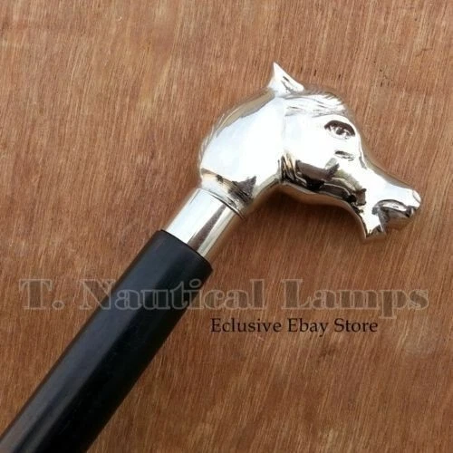 Bastão de caminhada vintage antigo com acabamento em latão cabo de cabeça de cavalo preto madeira - Imagem 4 de 4