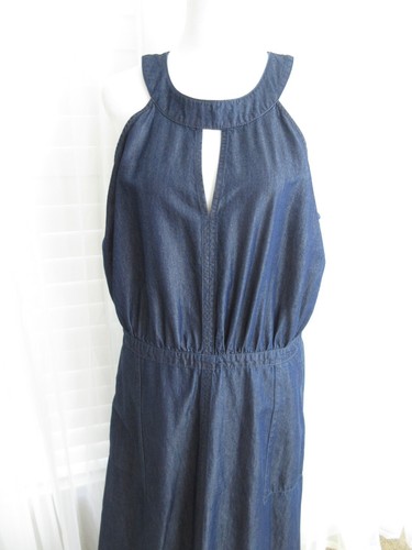 New York & Co Dress Women L Navy Blue Sleeveless Pockets Cotton Sateen Maxi Long - Picture 8 of 15