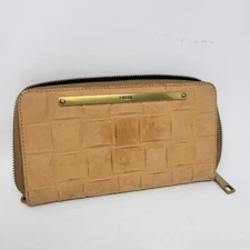 Fossil Wallet Tan Leather Zip-Around Logo Wristlet Woven Look Design