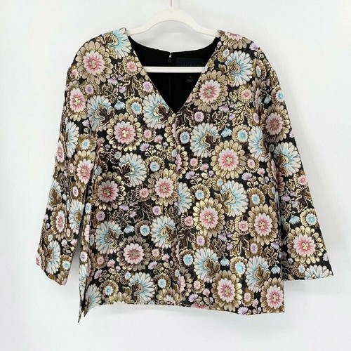 J. Crew Collection Gilded Floral Jacquard Blouse Sz 10 Gold V-Neck 3/4 Sleeve