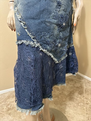 Women’s Blue Denim Cotton Casual Stretch Boho Bead Zip Size L(8-10) Skirt 9006 - Picture 5 of 22